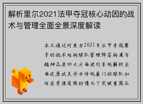 解析里尔2021法甲夺冠核心动因的战术与管理全面全景深度解读