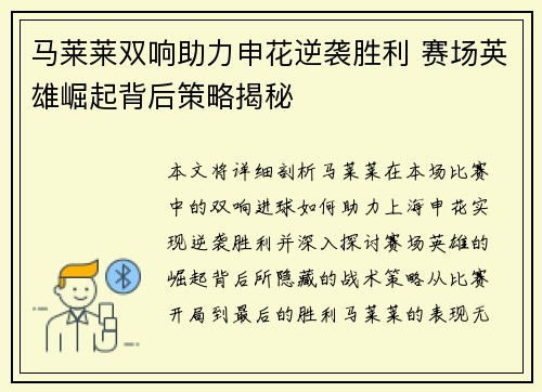 马莱莱双响助力申花逆袭胜利 赛场英雄崛起背后策略揭秘